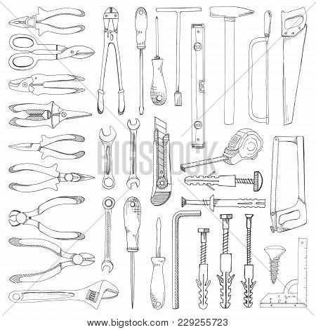 Set Of Tools, Hardware. Different Fastener Isolated On White Background. Hand Drawn Vector Illustrat