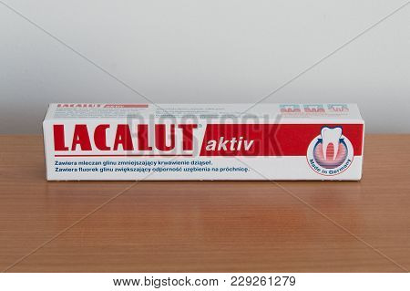 Pruszcz Gdanski, Poland - February 22, 2018: Lacalut Aktiv Medical Toothpaste.