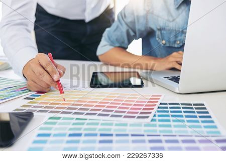 Two Interior Design Or Graphic Designer At Work On Project Of Architecture Drawing With Work Tools A