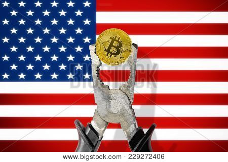 Bitcoin Coin Being Squeezed In Vice On The United States (usa) Flag Background; Concept Of Cryptocur