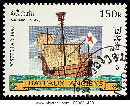 Moscow, Russia - March 03, 2018: A Stamp Printed In Laos Shows Ancient (15th-century) Sailing Ship, 