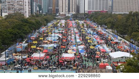 Victoria Park, Hong Kong, 14 February 2018:-Top view of Traditional chinese lunar new year fair in Hong Kong