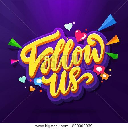 Follow Us Memphis Colorful Card. Memphis Card Set For Social Media Networks And Follower. Hand Lette