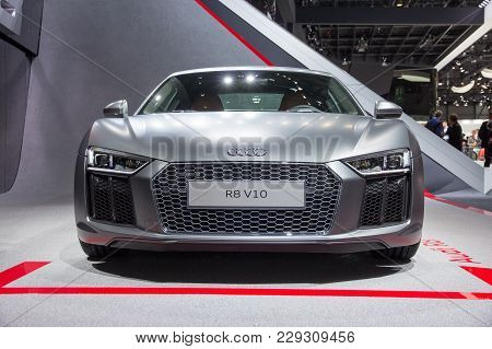 Geneva, Switzerland - March 4, 2015: Official Debut Of The New Audi R8 V10 Plus At The 85th Internat