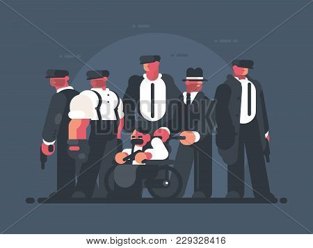 Godfather Of Mafia. Man In Wheelchair And Group Of Gangsters. Vector Illustration