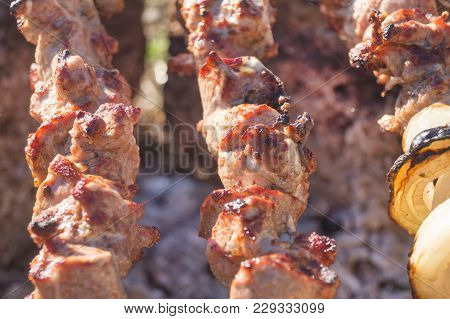 Mutton Shish Kebabs With Sliced Onion On Skewers On The Grill Outdoors