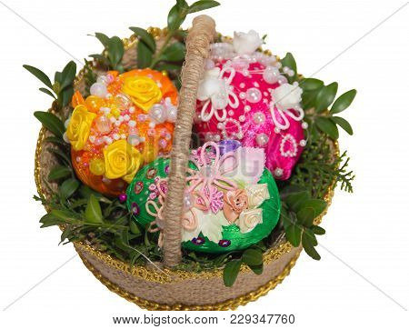 Basket With Easter Eggs. Handmade Crafts Made Of Satin Ribbons. Kanzashi