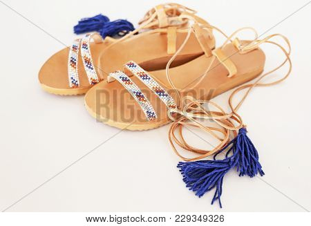 Bohemian Greek Leather Sandals In Blue And Turquoise Colors - Fashion Shoes Advertisement