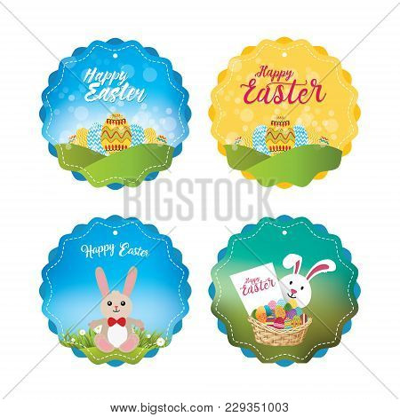 Four Adorable Easter Labels Of Unique Bunny And Egg Basket Illustrations In A Gradient And Bookeh St