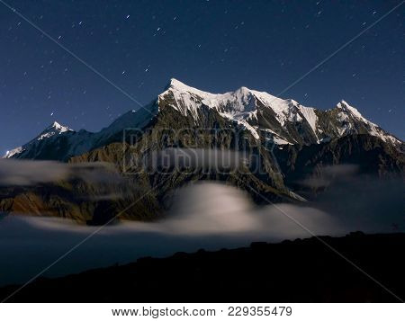Starry Sky Over The Himalaya, Mount Nilgiri - Starry Night On Annapurna Circuit Trek In Nepal