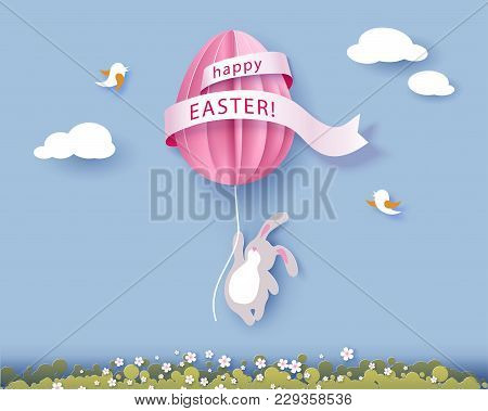 Happy Easter Card With Banny, Flowers And Egg Air Balloon On Blue Sky Background. Vector Illustratio