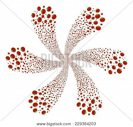 Tomato Vegetable Twirl Flower Shape. Element Centrifugal Explosion Composed From Scatter Tomato Vege