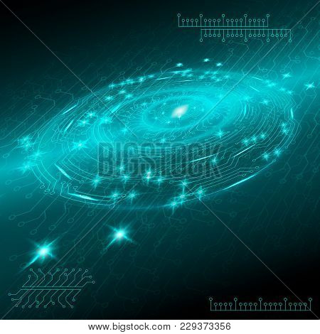 Blue Abstract Digital Technological Background With Various Rotating Elements. Vector Illustration.