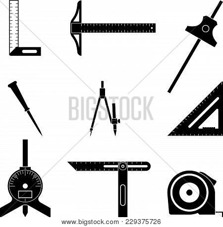 Measuring Tools Silhouetted Icon Set. Distance And Angle Instrument. Vector Illustration