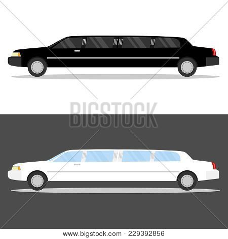 Limousine, White And Black Limousine With Shadow. Limousine Icon. Flat Design, Vector Illustration, 