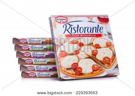 London, Uk - March 01, 2018: Boxes Of Dr.oetker Pizza Mozzarella On White Background With Reflection