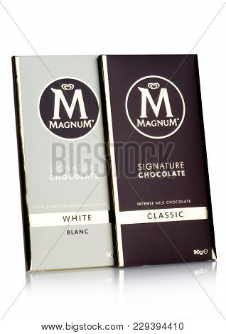 London, Uk - March 01, 2018: Luxury Chocolate Bar Of Magnum Signature Dark And White Chocolate On Wh