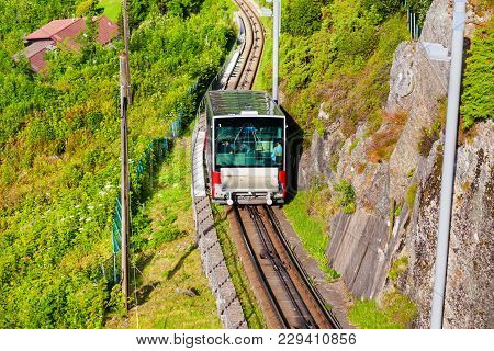 Floibanen Is A Funicular In Bergen City, Norway. Floibanen Runs Up The Floyen Mountain.