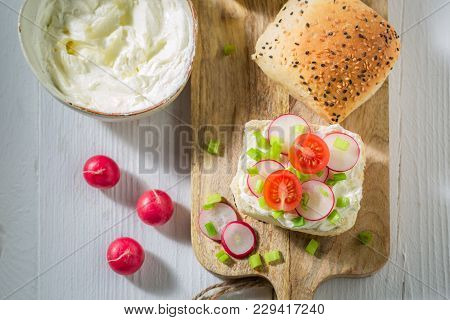 Bio Sandwich With Crunchy Bread, Fromage Cheese And Radish