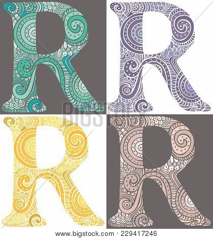 Hand Drawn Capital Letter R In Turquoise, Purple, Yellow And Pink