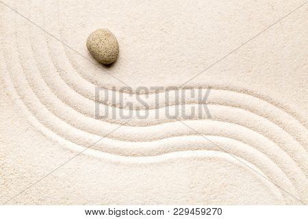 Zen Sand And Stone Garden With Raked Curved Lines. Simplicity, Concentration Or Calmness Abstract Co