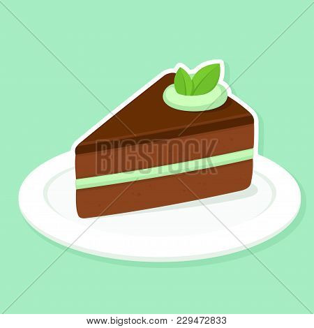 Mint And Chocolate Cake Slice With Frosting And Mint Leaves. Delicious Hand Drawn Piece Of Cake Vect
