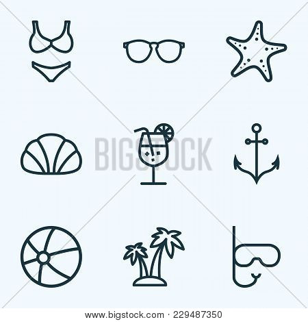 Season Icons Line Style Set With Sunglasses, Anchor, Starfish And Other Glasses Elements. Isolated V