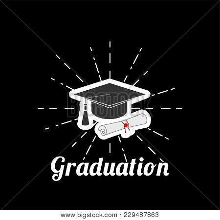 Black Graduation Cap With Degree. Graduation Lettering. Vector Illustration Isolated On Black Backgr