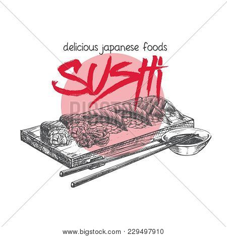 Vector Hand Drawn Sushi Poster. Japanese Food Sketch Illustration For Sushi Rolls Bar Menu, Banner, 