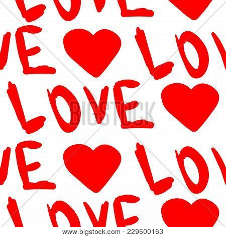 Seamless Vector Pattern Of Love Word And Heart Shape On A White Background.