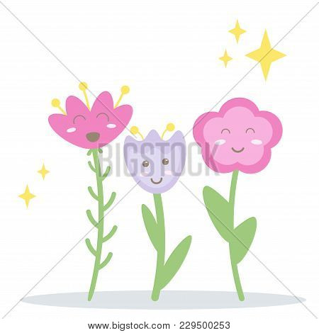 Funny Happy Vector Flowers. Three Cartoon Smiley Blushed Characters On White Background Isolated.