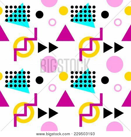 Seamless Geometric Pattern With Triangles, Dots, Zigzags And Circles.