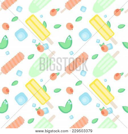 Summer Fruit Ice-cream Pattern. Vector Seamless Pattern With Different Popsicles, Mint Leaves, Peach