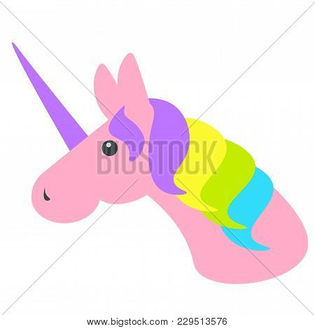 Unicorn Vector Isolated. Head Of A Pink Unicorn With Colorful Mane On A White Background. Simple Sty