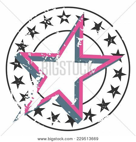 Vector Grunge Star Badge. Round Emblem With Little Stars On Circle Border And Big Star On Center.
