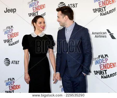 LOS ANGELES - MAR 3:  Aubrey Plaza, Matt Spicer at the 2018 Film Independent Spirit Awards at the Beach on March 3, 2018 in Santa Monica, CA