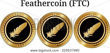 Set Of Physical Golden Coin Feathercoin (ftc), Digital Cryptocurrency. Feathercoin (ftc) Icon Set. V