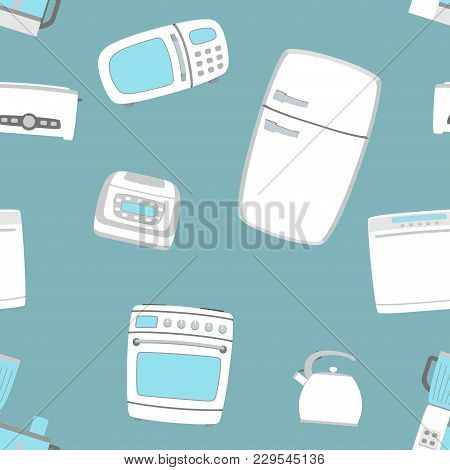 Kitchen Appliance Set Seamless Background. Refrigerator, Dishwasher, Oven, Kettle, Multicooker, Blen