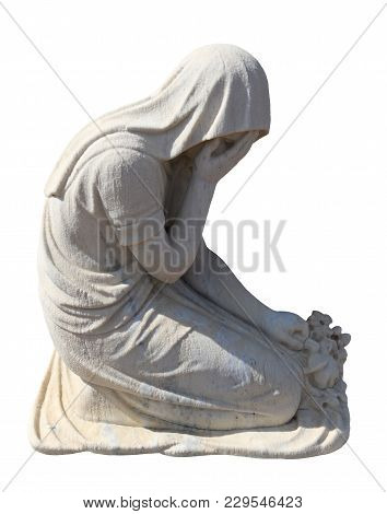 Kneeling Statue Of A Mourning Woman In A Shroud On A White Background.
