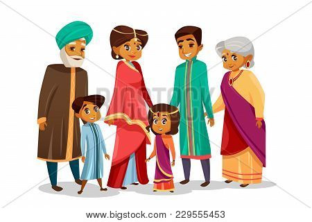Vector Cartoon Indian Family Characters Set. Happy Hindu Senior Man, Woman, Parents Father And Mothe