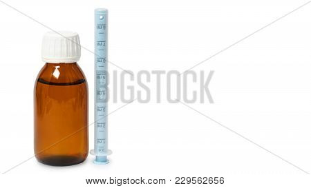 Bottles With Medicine, Nasal Spray. Cough Syrup, Antipyretic Syrup And Nose Drops On White Backgroun