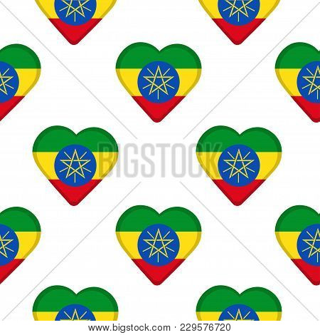 Seamless Pattern From The Hearts With Flag Of Ethiopia. Vector Illustration