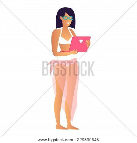 Happy Woman In Cute Bright Blue Spectacles, Vector Illustration With Young Girl In White Bikini And 