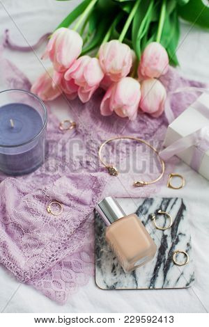 Beautiful Lace Lingerie. Cosmetics, Decorations, A Bouquet Of Tulips. Gift. A Box With A Gift. Inter