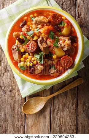 National Dish Cape Verde - Cachupa Stew With Meat And Vegetables Close-up. Vertical Top View
