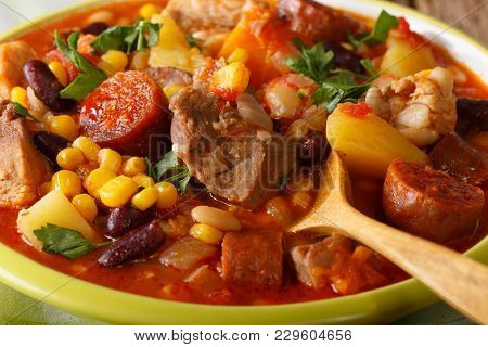 Cape Verde Food: Cachupa With Meat, Chorizo And Vegetables Macro. Horizontal