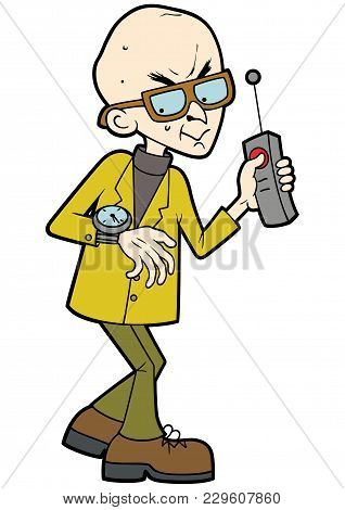 Illustration Cartoon Evil Professor, Looking At His Watch, Keeping His Finger On The Remote Controll