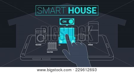 Smart House Technology Concept With Flat Icons. Man Holding Tablet In Hand And Controls Light, Washe