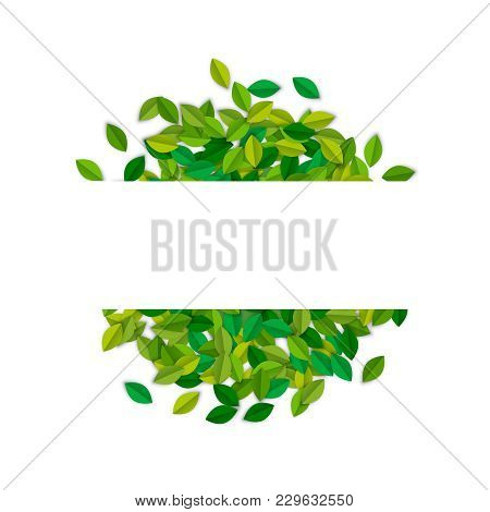 Empty Sign Template With Green Tree Leaves In Paper Cut Style. Copy Space Card Label On Leaf Pile Fo