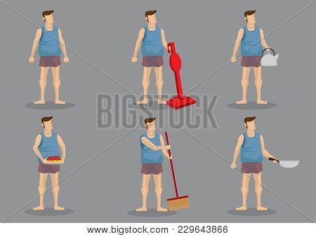 Set Of Six Vector Illustrations Of Cartoon Man In Casual Clothes And Holding Household Items In Hand